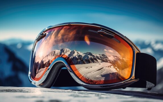Close-up view of ski goggles against a mountainous area full of snow with a beautiful red reflection of the landscape