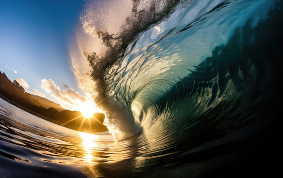 Inside view of a hollow barrel wave breaking in the beach against the sun, showing its tube pipeline interior. Barreling surfer point of view (POV)