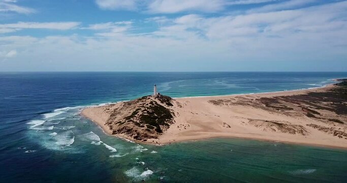 Faro de Trafalgar, aerial view of the lighthouse at a sandy headland with dunes between Los Ca&ntilde;os de Meca and Zahora, Conil de la Frontera, Vejer de la Frontera, Costa de la Luz, Andalusia, Spain