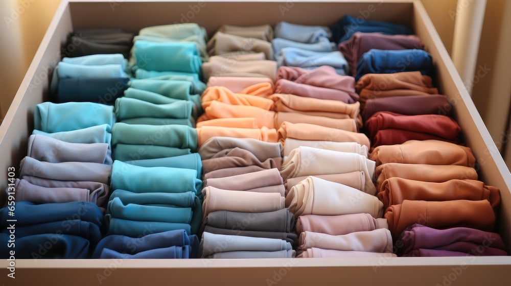 Poster Shot of neatly folded clothes in color order inside a clear drawer.