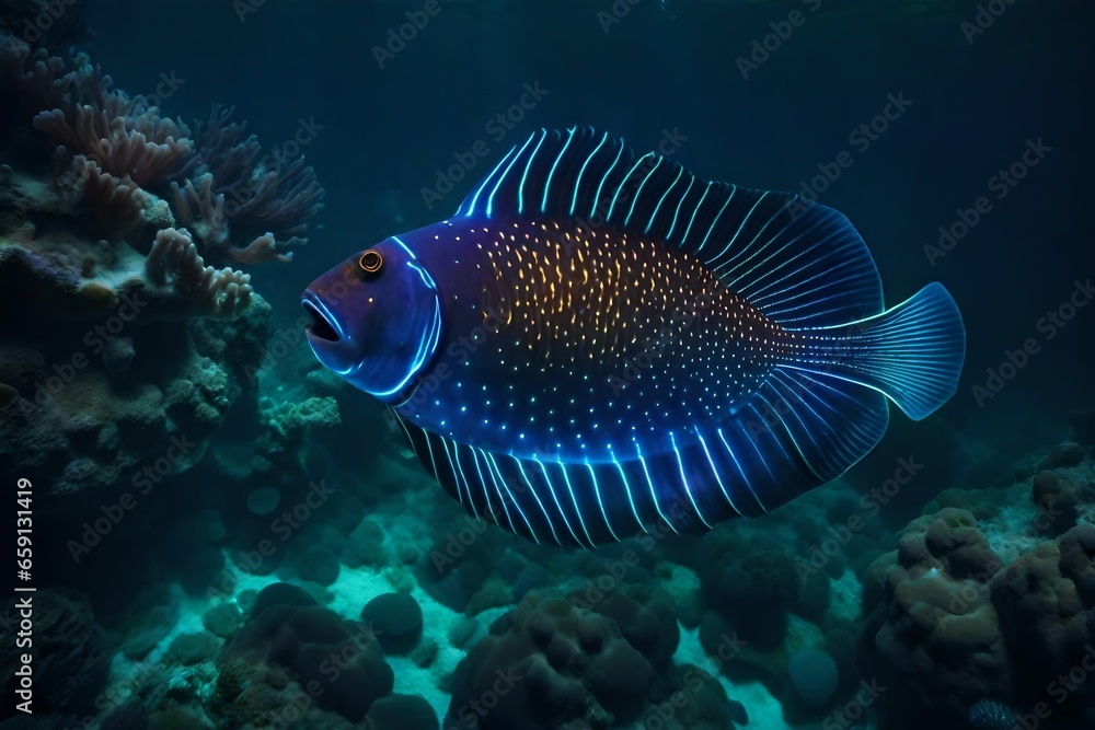 Poster the deep-sea environment where bioluminescent organisms emit a mesmerizing glow - ai generative
