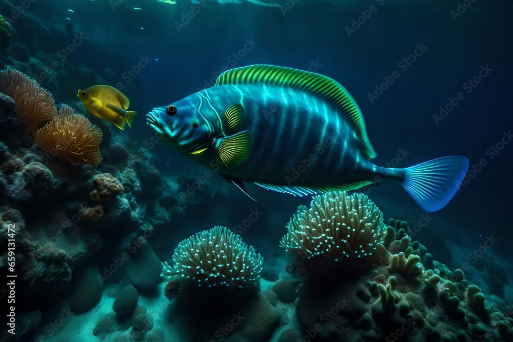 Poster the deep-sea environment where bioluminescent organisms emit a mesmerizing glow - ai generative