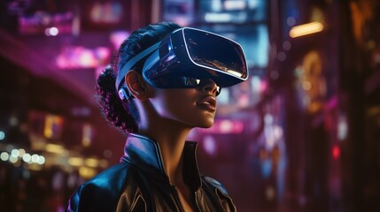 Step into the future with VR glasses as a woman touches the air in a virtual world, immersing herself in a high-tech sensory experience - obrazy, fototapety, plakaty