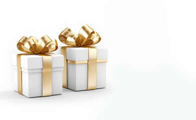 Obraz premium Gift box with gold ribbon on white background, for Christmas, Birthday, holiday horizontal digital banner with copyspace, xmas present