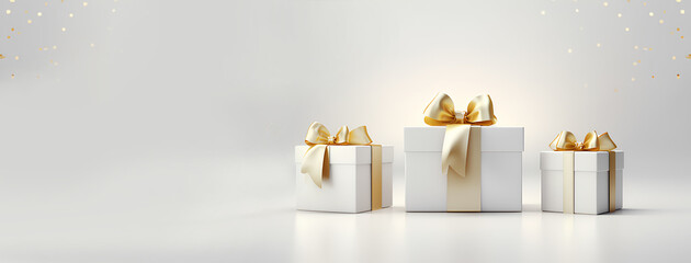 Obraz na płótnie Canvas Gift box with gold ribbon on white background, for Christmas, Birthday, holiday horizontal digital banner with copyspace, xmas present
