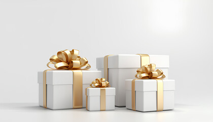 Gift box with gold ribbon on white background, for Christmas, Birthday, holiday horizontal digital banner with copyspace, xmas present - obrazy, fototapety, plakaty