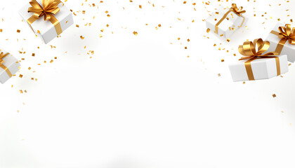 Flying gift box with gold ribbon and sparkle confetti on white background, for Christmas, Birthday, holiday horizontal digital banner with copyspace, xmas present - obrazy, fototapety, plakaty
