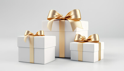 Gift box with gold ribbon on white background, for Christmas, Birthday, holiday horizontal digital banner with copyspace, xmas present - obrazy, fototapety, plakaty