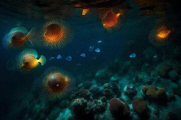 Fototapeta na wymiar The deep-sea environment where bioluminescent organisms emit a mesmerizing glow - AI Generative