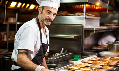 portrait of Fast Food Cook, who Prepare and cook food in a fast food restaurant with a limited menu, operating large-volume single-purpose cooking equipment