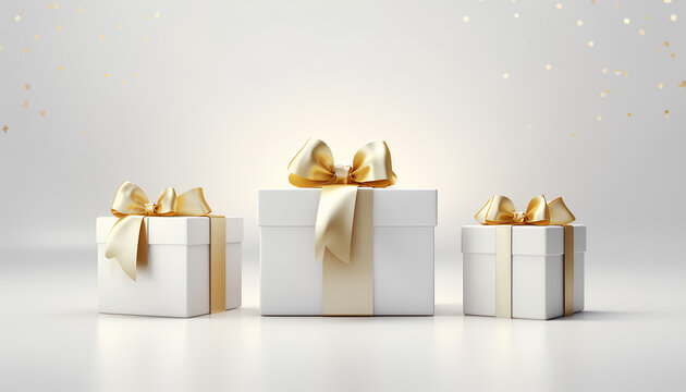Gift box with gold ribbon on white background, for Christmas, Birthday, holiday horizontal digital banner with copyspace, xmas present