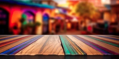 Fotobehang Wooden table with colors, Latin American picturesque village background © Gabriela