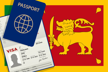 Visa to Sri Lanka and Passport. Sri Lankan Flag Background. Vector illustration