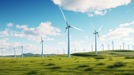 A wind turbine farm with giant turbines turning in a field to generate clean energy