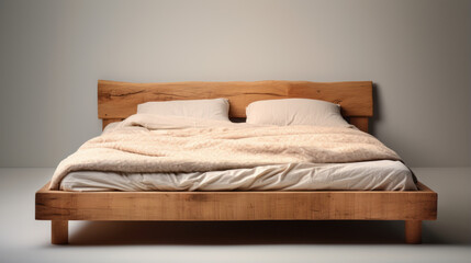 A wooden bed frame with four legs and a beige mattress