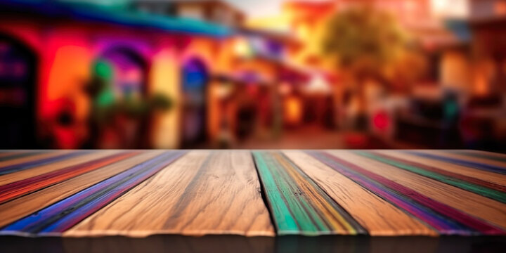 Wooden table with colors, Latin American picturesque village background