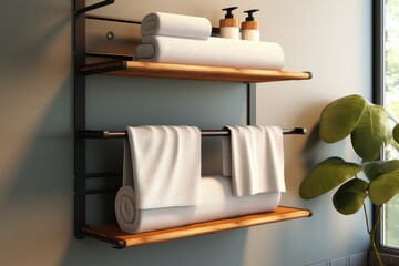 Bathroom Rolled Towel Storage, Metal Towel Holder with Wood Shelf, Towel Racks Wall Mounted.