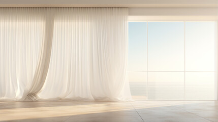 A wide window with white curtains and a view of the outside