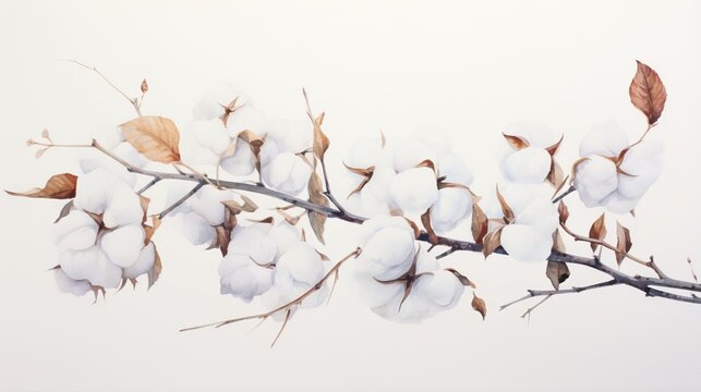  a branch of cotton with leaves and a white sky in the background.  generative ai