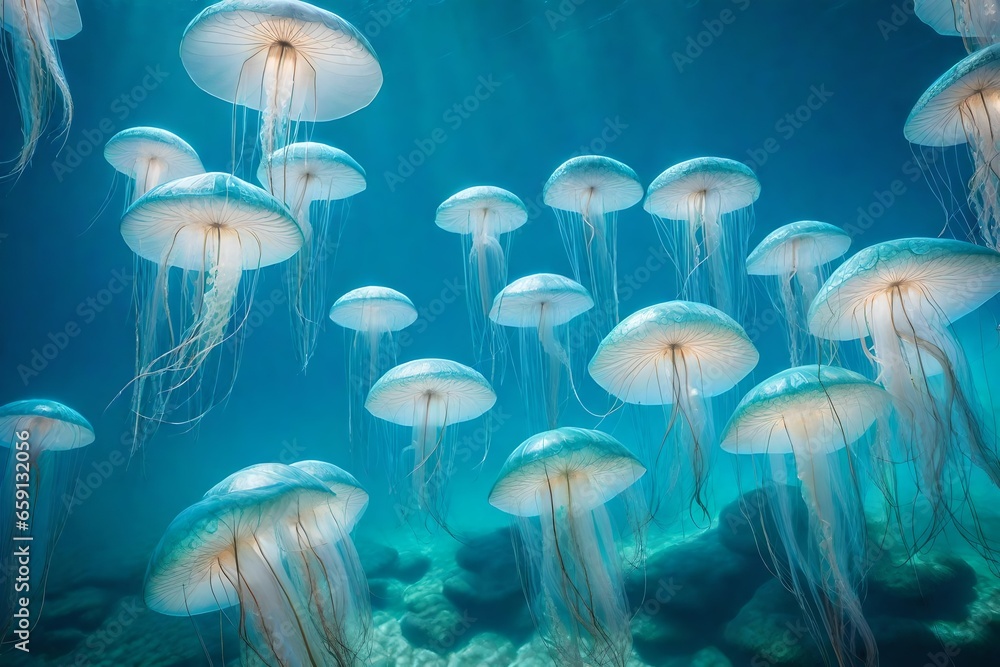 Poster a graceful ballet of jellyfish floating in an ocean current - ai generative