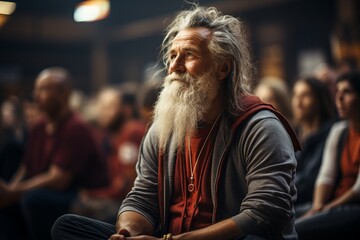 guru listening to a spiritual talk in a crowded room