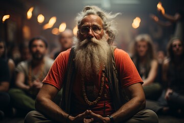 guru with glasses listening to a spiritual talk in a crowded room - obrazy, fototapety, plakaty