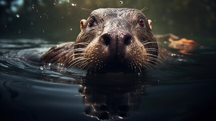  a close up of a sea otter swimming in the water.  generative ai
