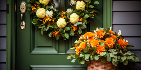Welcoming Green Front Door with Fall Wreath and Autumn Flower Pots on Steps