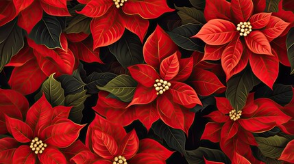  a bunch of red poinsettias with green leaves.  generative ai