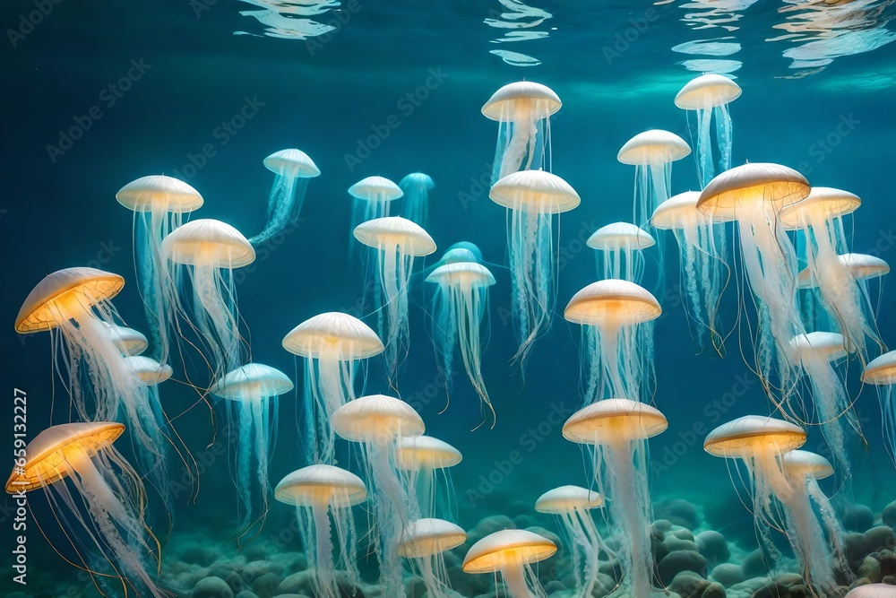 Poster a graceful ballet of jellyfish floating in an ocean current - ai generative