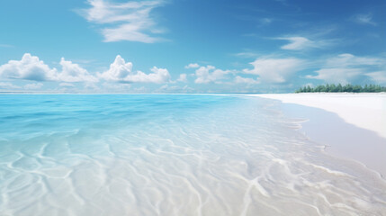 A wide shot of a beach, with white sand and crystal clear waters