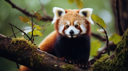  a red panda sitting on a tree branch looking at the camera.  generative ai