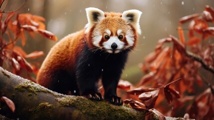 Fototapeta premium a red panda standing on a tree branch in the rain. generative ai