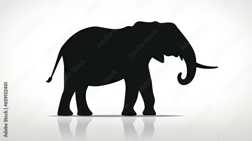 Poster a black elephant standing on a white surface with its trunk in the air. generative ai