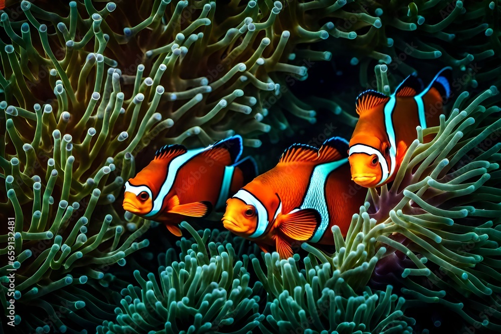 Poster a pair of clownfish nestled within the protective tendrils of a sea anemone - ai generative