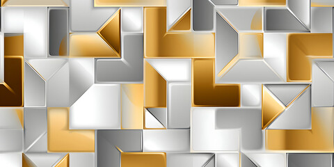 Geometric Luxury: Gold-Trimmed White 3D Tiles Background
