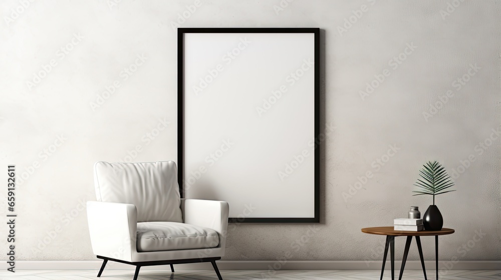 Aufkleber a chair and a table in a room with a picture frame on the wall. generative ai