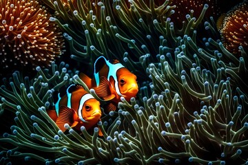 Naklejka na ściany i meble A pair of clownfish nestled within the protective tendrils of a sea anemone - AI Generative
