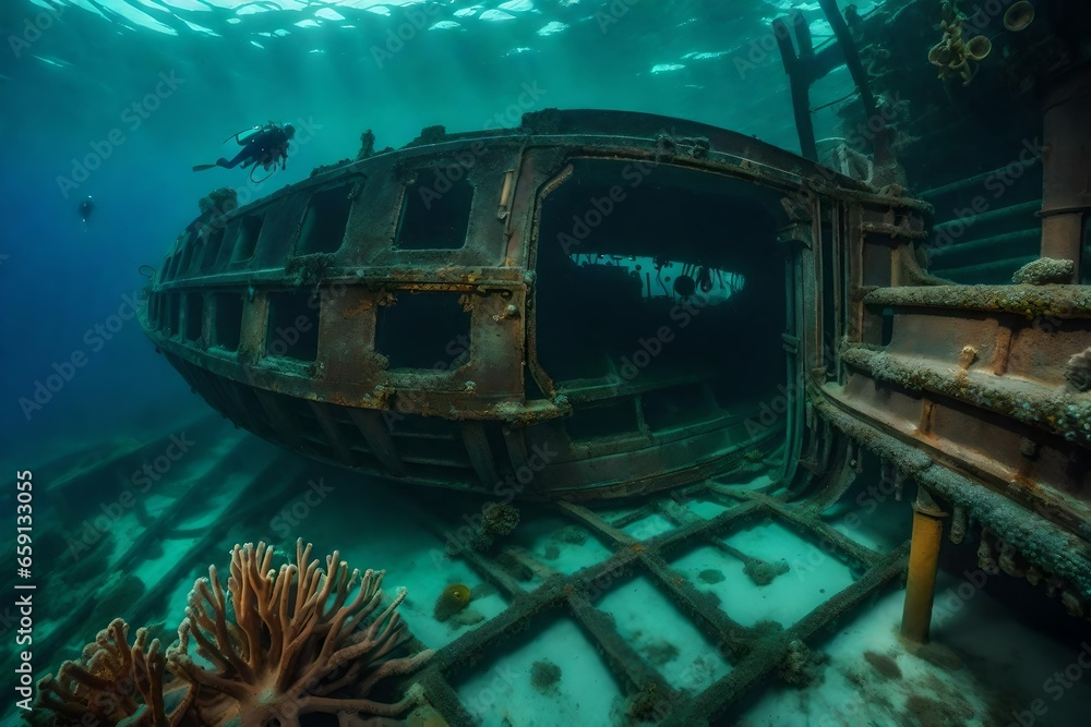 Aufkleber an image that captures the exploration of a sunken shipwreck by divers - ai generative