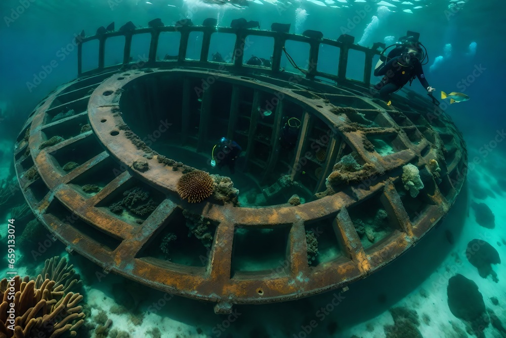 Aufkleber an image that captures the exploration of a sunken shipwreck by divers - ai generative