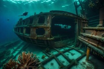 An image that captures the exploration of a sunken shipwreck by divers - AI Generative