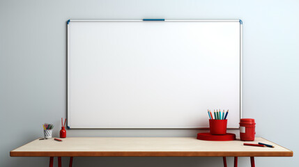 A whiteboard with a blue marker and a green eraser