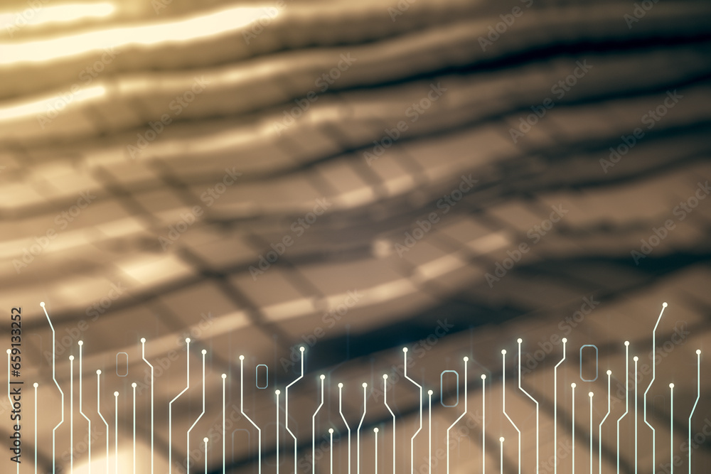 Aufkleber double exposure of abstract virtual circuit hologram on blurry metal background. research and develo