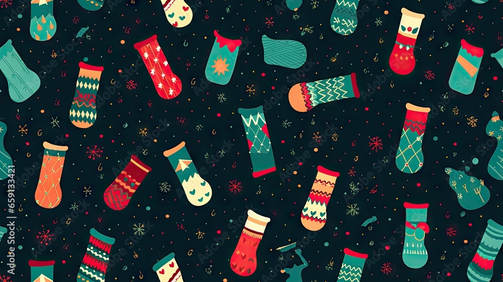 Poster a group of socks that are on a black background with snowflakes. generative ai