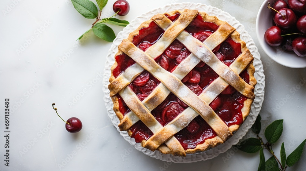 Poster a cherry pie with a latticed crust on top of it. generative ai