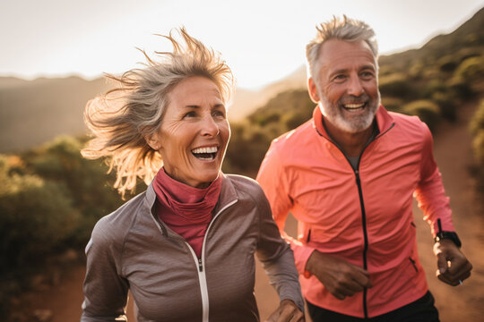 Elderly couple joyfully runs on a trail, radiating vitality with exaggerated expressions