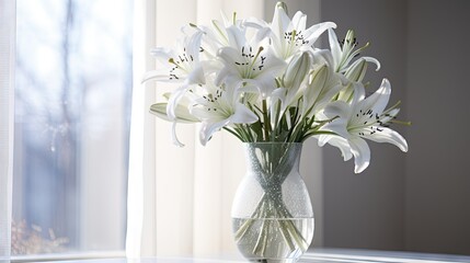  a vase filled with white flowers sitting on a window sill.  generative ai