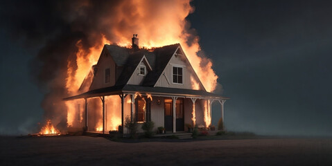 Fire in a house, burning country cottage, flame in a country house. Dangerous accident at home. Generative AI.