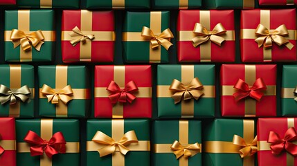  many presents are wrapped in green and red paper with gold bows.  generative ai