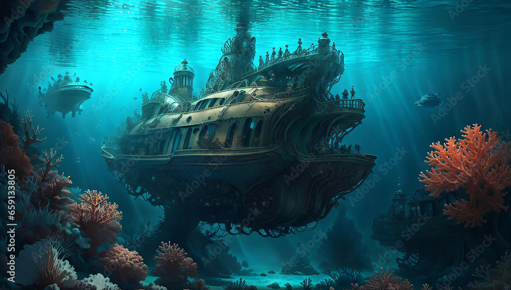 Poster an image that captures the exploration of a sunken shipwreck by divers - ai generative